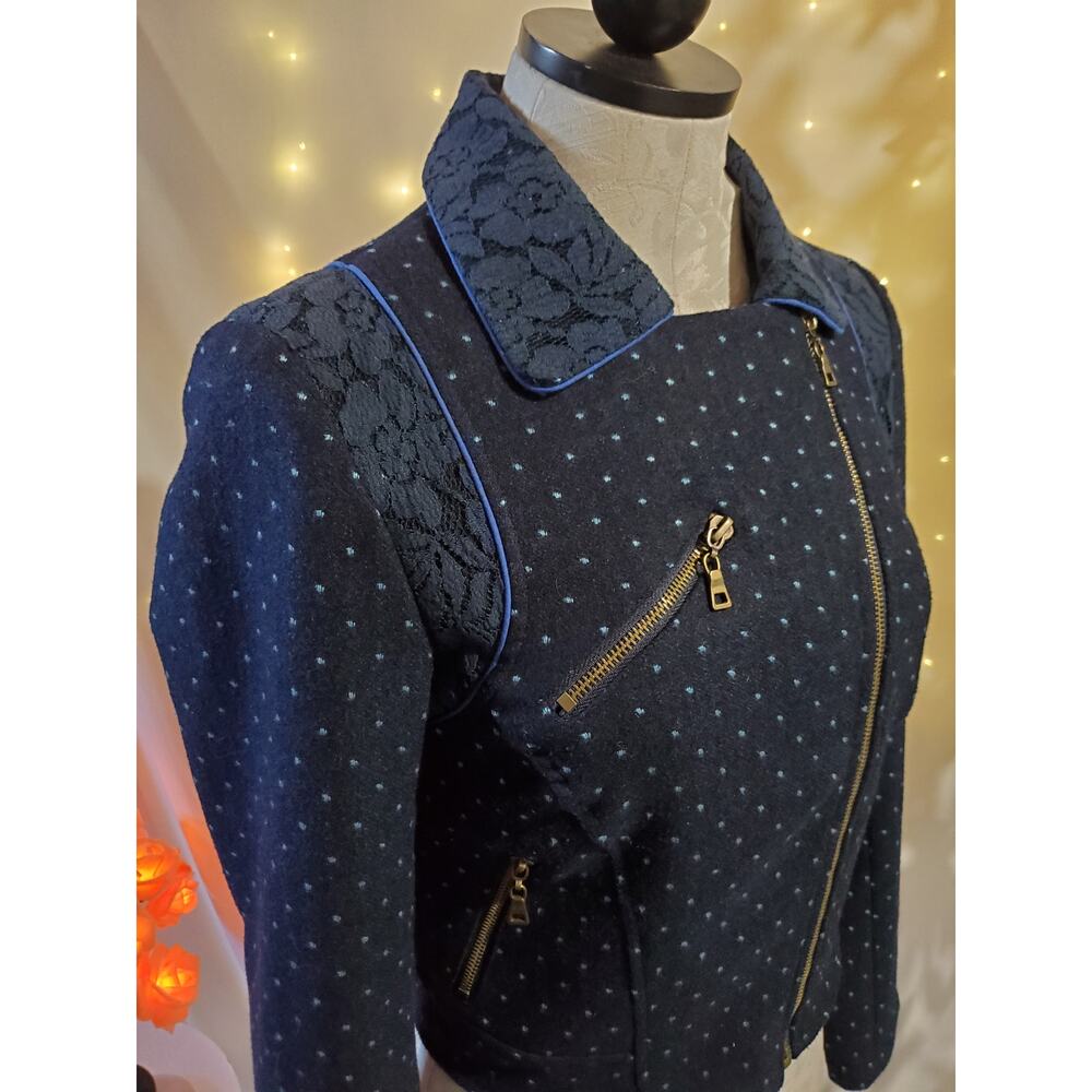 Flying Tomato Girl Next Door Lace Wool Polka Dot Short Moto Jacket Womens Size S - Picture 4 of 13